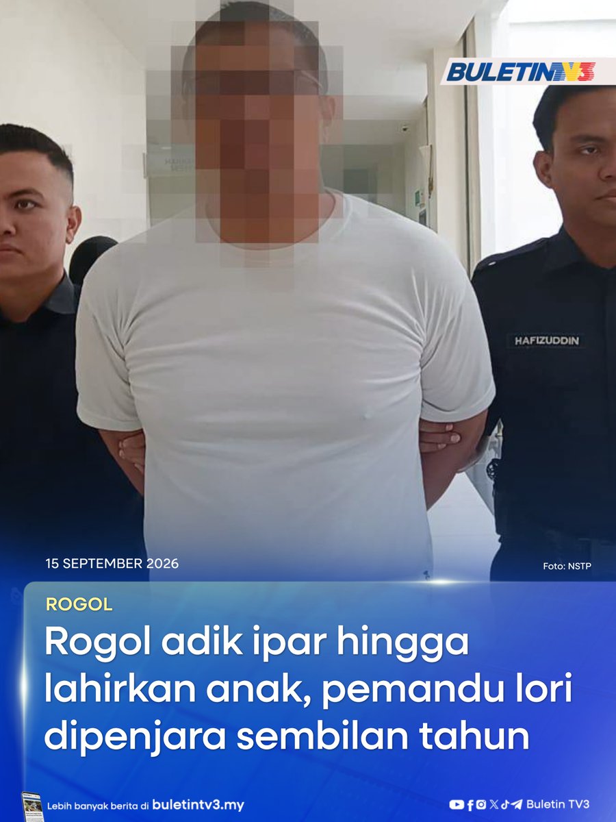 BuletinTV3's tweet photo. ROGOL | Seorang pemandu lori dipenjara sembilan tahun dan dikenakan lima sebatan oleh Mahkamah Sesyen Muar, selepas mengaku bersalah merogol adik ipar perempuannya dua tahun lalu hingga melahirkan anak.
#BuletinTV3 #Rogol #Muar #PemanduLori https://t.co/zQYuvfCZGE