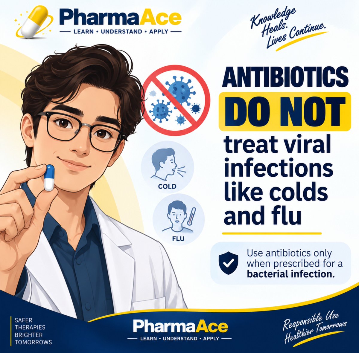 PharmaAce7's tweet photo. 💊 Antibiotics are powerful—but only when used appropriately.

They treat bacterial infections, not viral infections like the common cold or flu.

Unnecessary use can contribute to antimicrobial resistance (AMR).

#AntibioticStewardship #AMR #Pharmacy #PublicHealth #PharmaAce https://t.co/hF94r440Kw