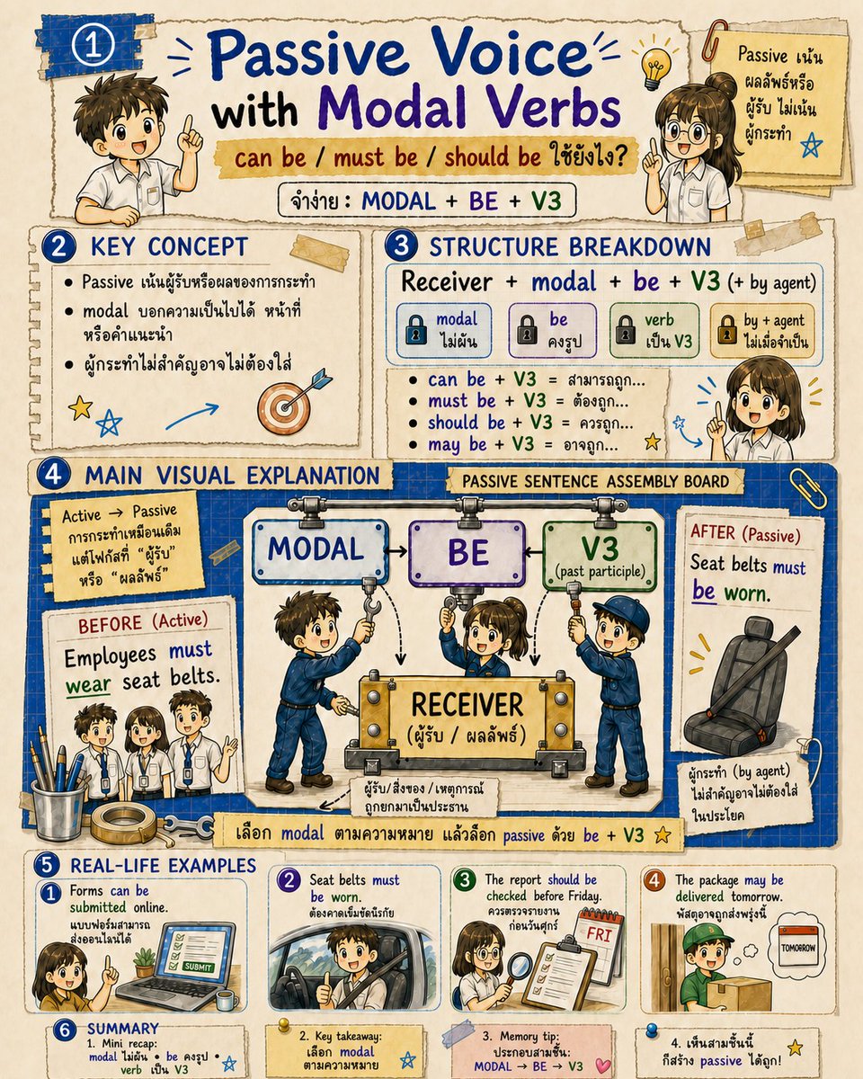 EngnowThailand's tweet photo. Passive หลัง modal ใช้สูตร modal + be + V3 เช่น must be submitted หรือ can be delivered อย่าลืม be และใช้กริยาช่อง 3 เสมอ #Engnow #EnglishGrammar #PassiveVoice https://t.co/cbZzekyrV1