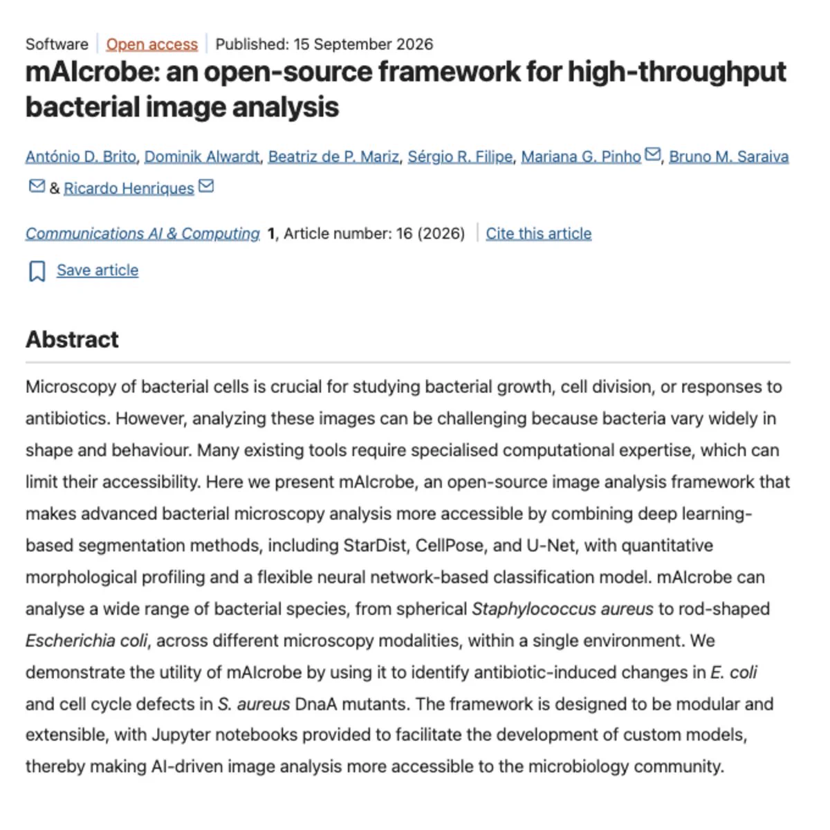 Screenshot of the published article page: title mAIcrobe, an open-source framework for high-throughput bacterial image analysis, the seven authors, and the abstract.