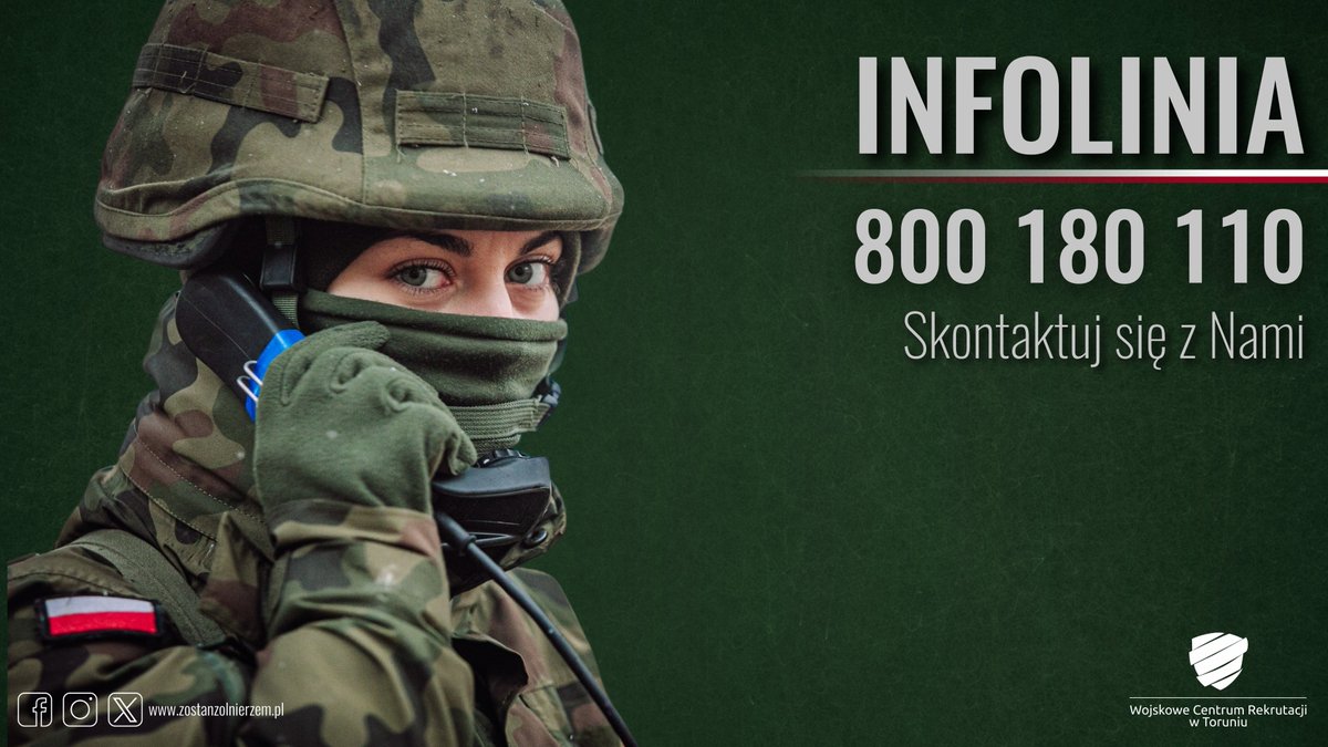 WCRTorun's tweet photo. 📞 8️⃣0️⃣0️⃣ 1️⃣8️⃣0️⃣ 1️⃣1️⃣0️⃣
Masz pytania związane ze służbą wojskową?
☎️ Zadzwoń na infolinię #ZostańŻołnierzem, gdzie otrzymasz informacje na temat:
👉#DobrowolnaZSW
👉#ZSW
👉#WOT #TSW
👉#AktywnaRezerwa
#WojskoPolskie #WCR #DołączDoNas https://t.co/sfUwm0LT49