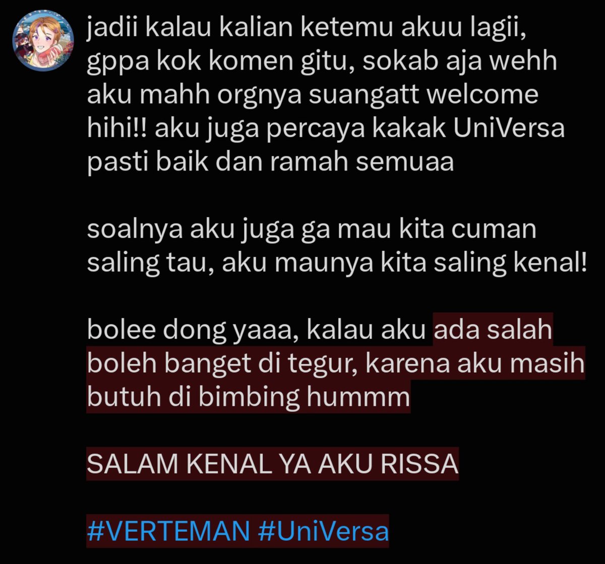 Rissa_Aerin's tweet photo. Haloo para Universa~π, rasanya udh lama aku di fandom ini sebagai UniVersa (GAK JUGA SIH), aku disini mau #VERTEMAN dgn #UniVersa , krna aku mau memperluas pertemanan ππ»ππ»
aku tuh orgnya yapping, suka vtuber, anime, kpop (aku onedoor) dan mie ayam π€€
aku fleksibel sihh π ππ»ππ» https://t.co/aHJXN9HS6W
