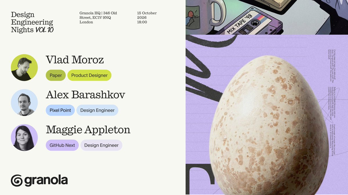 _tikhon's tweet photo. Design Engineering Night #10 is happening on 15 October at Granola HQ.

Speakers (absolute legends):
• @Mappletons, Design Engineer, @GitHubNext 
• @vladmoroz, Product Designer, @paper 
• @alex_barashkov, CEO, PixelPoint

Come join us. It’s gonna be fun. RSVP in the reply 👇 https://t.co/BtWNItCMrm