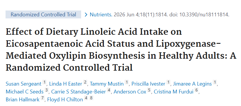 fleroy1974's tweet photo. "higher dietary LA markedly increased the ratios of ARA to EPA and ARA- to EPA-derived oxylipin species, shifting the lipid mediator balance toward a more n-6-dominant inflammatory profile" https://t.co/lWQYn2E10t