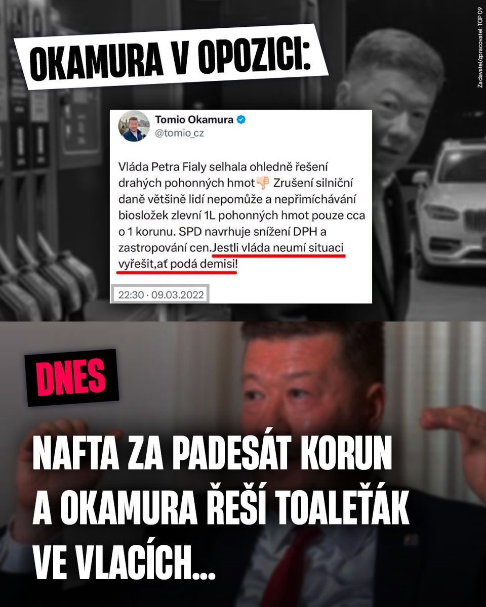 MichKucera's tweet photo. Pane Okamuro, naši lidé tankují za 50 Kč. Jak k tomu přijdou? V opozici jste kvůli drahým palivům vyzýval vládu k demisi. 

Můžeme tedy počítat s tím, že SPD opustí vládu? Přece byste lidem nelhal! https://t.co/Y9OUsragl1