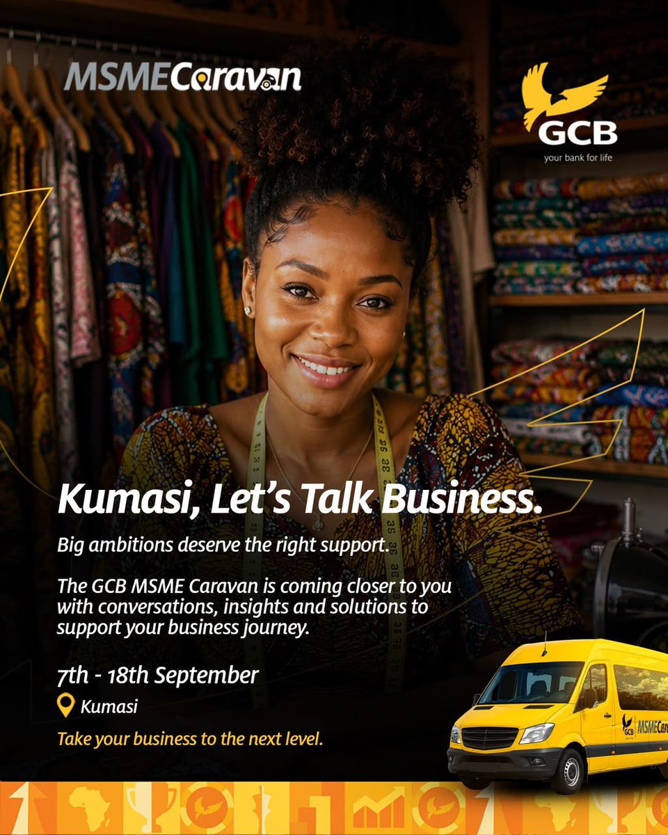 Nipaay3forking's tweet photo. MSME owners in Ashanti Region, this is for you! GCB Bank’s practical Business Clinic is designed to address your real business challenges.
Golden Beam Hotel, Kumasi – 8:30AM Tomorrow.
#GCBMSMECaravan #GCBMSMEBanking https://t.co/y0T6N4Arot