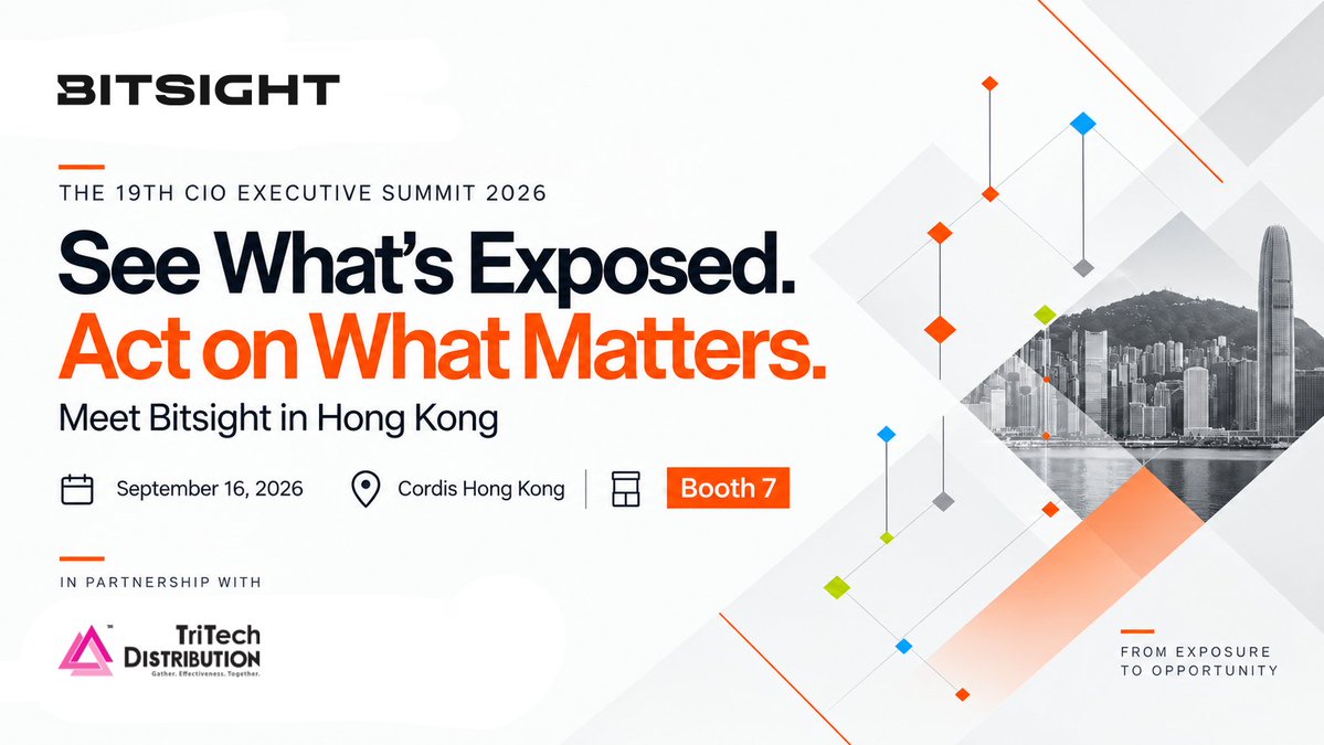 Bitsight's tweet photo. We’re heading to The 19th CIO Executive Summit in Hong Kong tomorrow.

Visit Bitsight at Booth 7 to see how Cyber Risk Intelligence helps teams understand exposure, add business and threat context, and prioritize remediation.

#CIOExecutiveSummit #CyberRisk #AI https://t.co/vUFwMgoDOL