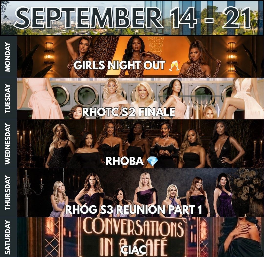 AlexMonroeRP's tweet photo. This week is packed! Girls’ nights, reunions, finales and conversations that are bound to have everyone talking. Don't forget to catch your favourite shows #RHOG #GirlsNightOut #RHOBA #RHOTC  #CIAC https://t.co/bEKIyfCRyn