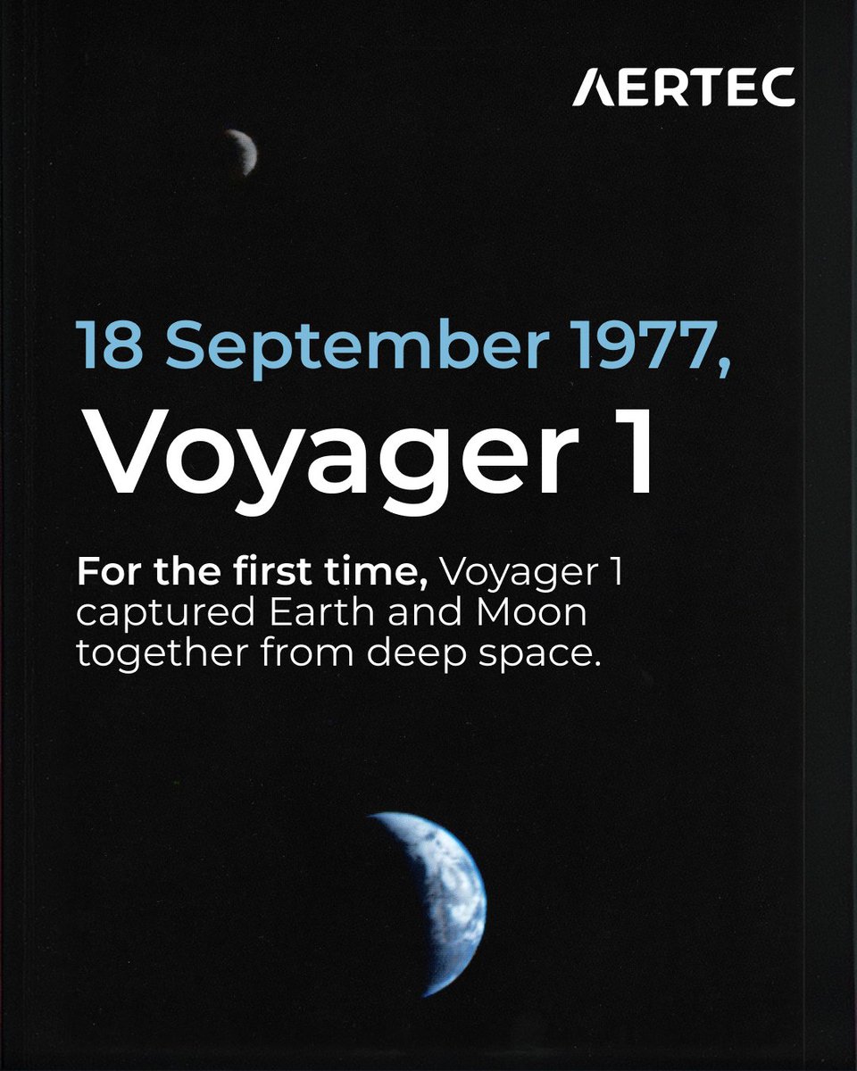 AERTEC's tweet photo. On 18 September 1977, Voyager 1 captured the first image of Earth and Moon together from deep space, 11.6 million km from our planet.

A milestone in space observation and aerospace technology.

#AERTEC #TeamAERTEC #Aerospace https://t.co/q8pgirJr2b