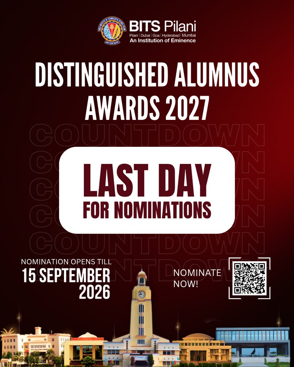 bitsalumni's tweet photo. ⏳ Last Day for Nominations!

Nominate them for the BITS Pilani Distinguished Alumnus Awards (DAA) 2027.    
📅 Nominate Now: Sep 15, 2026  
🔗Nominate now: https://t.co/8pF8HcmgFc

@bitspilaniindia @BITSPilaniGoa @BITSAA @bitshyd
@BITSPilani_WILP
#BITSAlumni #DAA #BITSPilani https://t.co/iSn8sJcvr2
