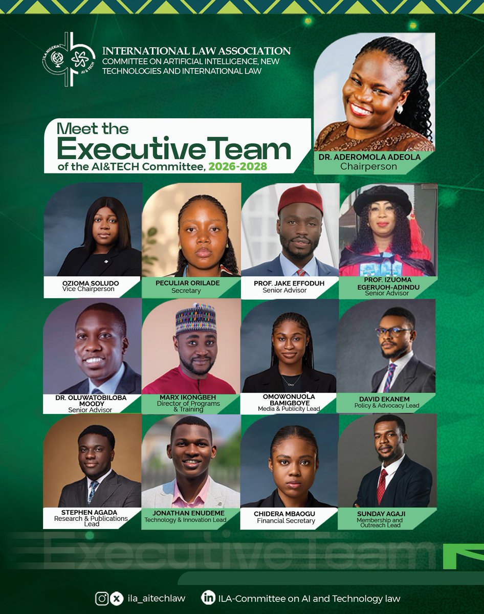 ila_aitechlaw's tweet photo. Meet the Executive Team | 2026–2028
We are pleased to introduce the Executive Team of the ILA Committee on Artificial Intelligence, New Technologies and International Law for the 2026–2028 term.
#ILA #InternationalLaw #AIandLaw #ArtificialIntelligence #NewTechnologies https://t.co/wSVuWCUqSN