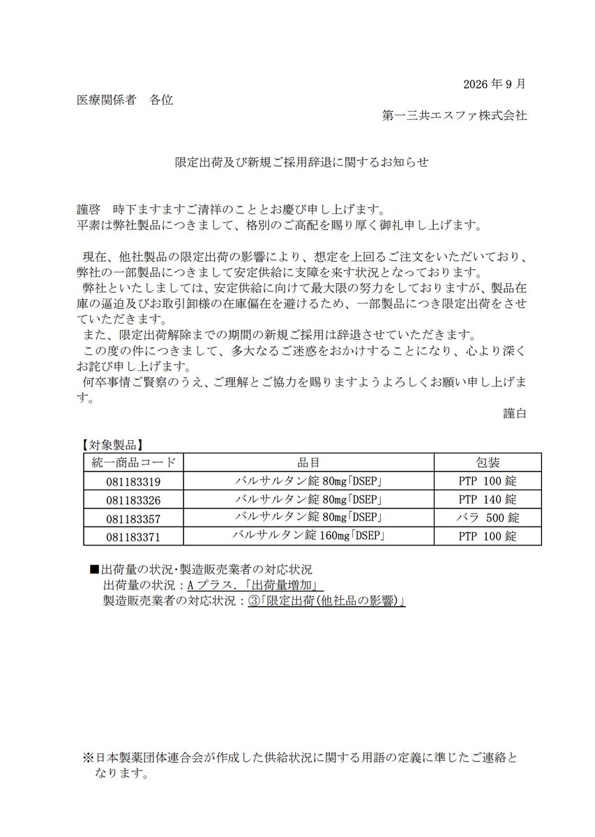 DSJP_info's tweet photo. 2026年9月15日
第一三共エスファ
バルサルタン錠80mg「DSEP」PTP100錠、PTP140錠、バラ500錠、バルサルタン錠160mg「DSEP」PTP100錠　限定出荷及び新規ご採用辞退に関するお知らせ

https://t.co/d6OCQ6RekM https://t.co/S7aK4EqcYb