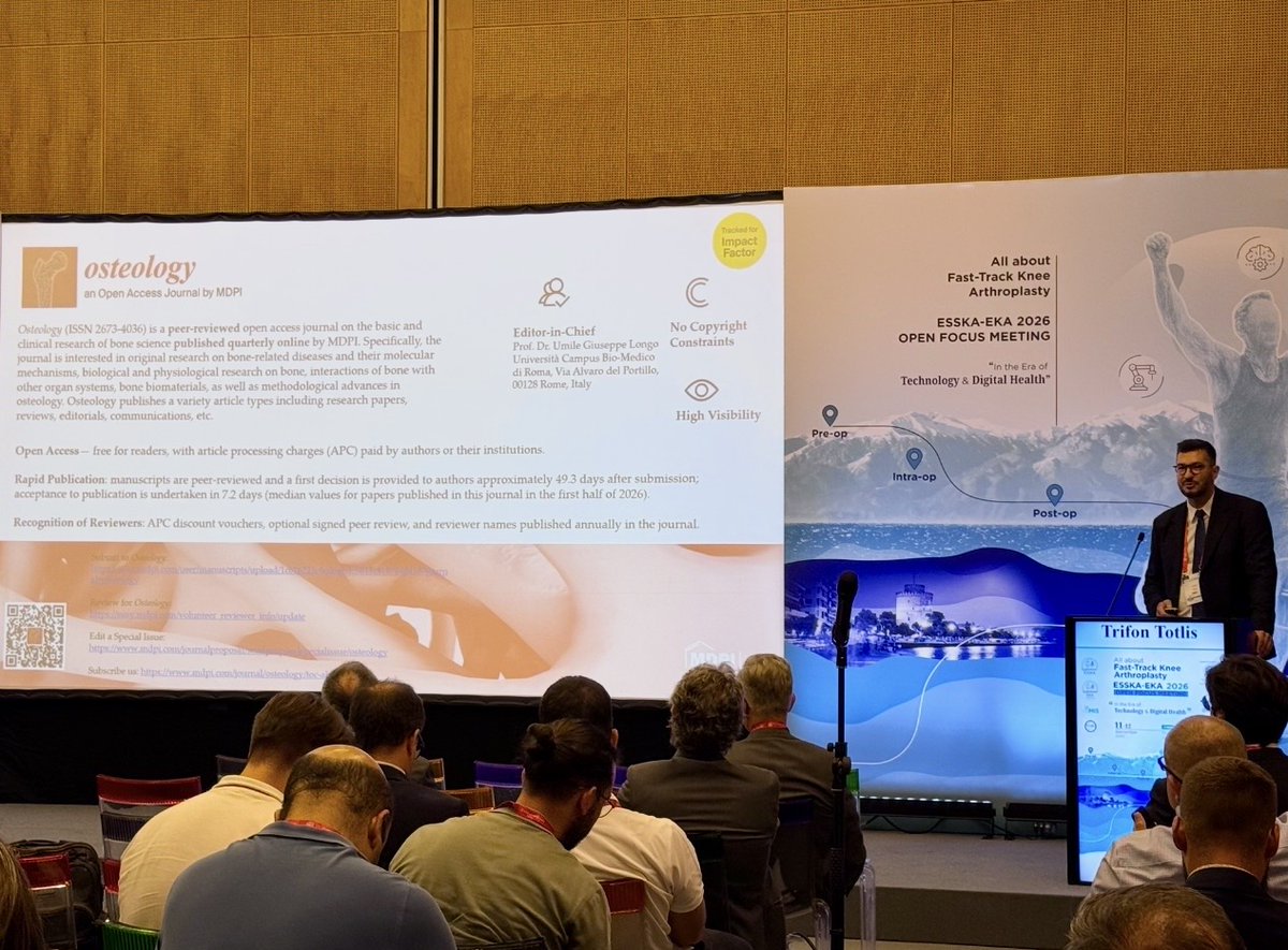 Osteology_MDPI's tweet photo. Great to see the ESSKA–EKA Open Focus Meeting 2026 wrap up in Thessaloniki! 

Thanks to our EBM Dr. Trifon Totlis @trifontotlis for the excellent presentation on Fast-Track Knee Arthroplasty and for sharing Osteology  with the global community.

#ESSKA #KneeArthroplasty #ERAS https://t.co/mcAu98u87M