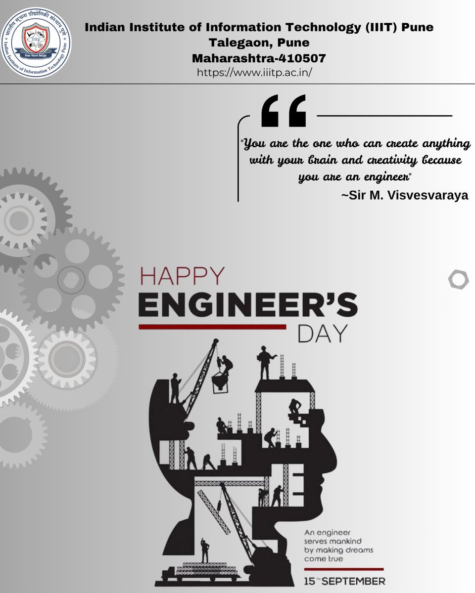 IIIT_Pune's tweet photo. Happy Engineers' Day!

On the birth anniversary of Bharat Ratna Sir M. Visvesvaraya - a tribute to every engineer who dares to dream, build, &amp; solve.

At @IIIT_Pune, we celebrate the spirit of engineering that drives #innovation, #resilience &amp; nation building!

#SDG4 #SDG9 #SDG11 https://t.co/nh2iPINf5c