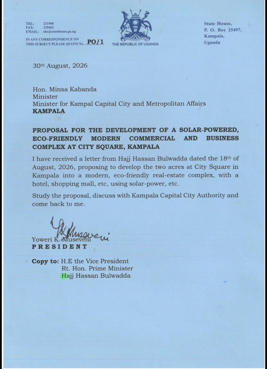 kirunda_faruk's tweet photo. H.E @KagutaMuseveni's letter of 30th/8/2026 to the Minister for Kampala City Authority and Metropolitan Affairs does not give away the land at Constitution Square. It's a request to study the merits of the proposal presented by the investor, Hajji Bulwadda,  and guide accordingly. This is Standard Operating Procedure of the President when handling investors. He doesn't act unilateraly.  FK
