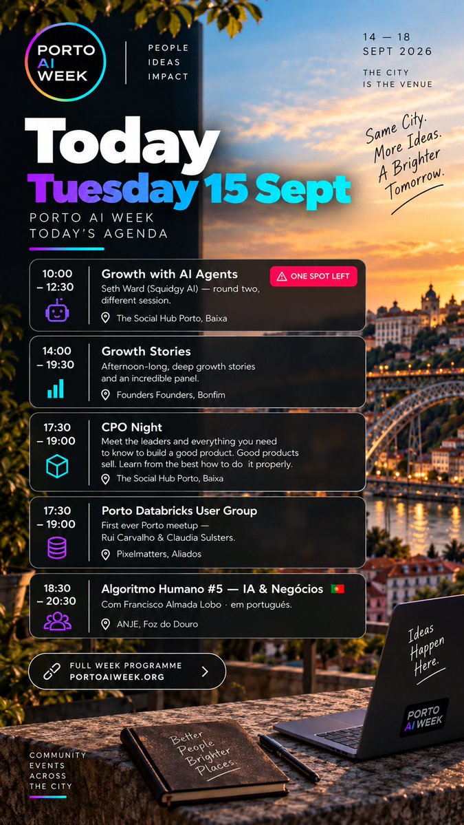 Gonzohall's tweet photo. Bom dia 👋

Day 2 of Porto AI Week. Yesterday's rooms were full —
Seth's agents workshop sold out completely.

Today, Tuesday 15:

*10:00–12:30 · Growth with AI Agents*
Seth Ward (Squidgy AI) — round two, different session
📍 The Social Hub Porto, Baixa
⚠️ ONE spot left as of this morning
https://t.co/6WCeRBbRiR

*14:00–19:30 · Growth Stories*
Afternoon-long, drop in when you can
📍 @F2Founders , Bonfim
https://t.co/y2cuqCrCSO

*17:30–19:00 · Porto @databricks  User Group*
First ever Porto meetup — Rui Carvalho & Claudia Sulsters
📍 @pixelmatters_ , Aliados
https://t.co/Bp6Rpf23rD

*17:30–19:00 · CPO Night*
📍 The Social Hub Porto, Baixa
https://t.co/8hyuzMEek7

*18:30–20:30 · Algoritmo Humano #5 — IA & Negócios* 🇵🇹
Com Francisco Almada Lobo · em português
📍 @anjept , Foz do Douro
https://t.co/LlB9D3swmh

Everything free. Full week: https://t.co/lH9mlvC2cL

Bom dia e até já 🇵🇹