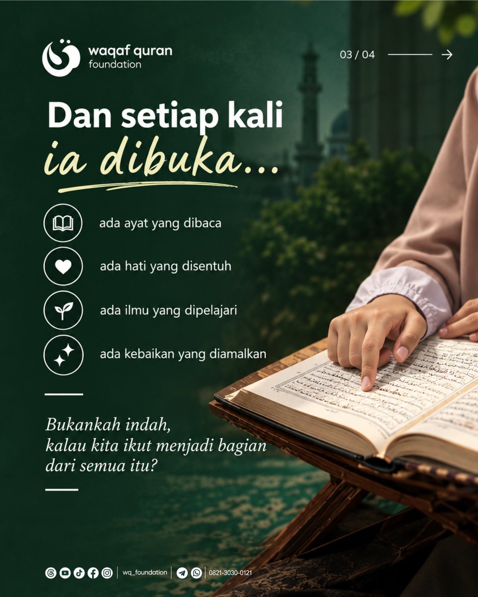 wqfoundation's tweet photo. 📖 Kalau sebuah mushaf bisa bicara, mungkin ia akan berkata, “Makasih ya, sudah menjadi bagian dari kebaikan ini.”

Satu mushaf mungkin terlihat sederhana, tapi bisa menjadi jalan bagi banyak orang untuk membaca, belajar, menghafal, dan mengamalkan Al-Qur’an. 🤍 https://t.co/Y8PG7LXMnJ