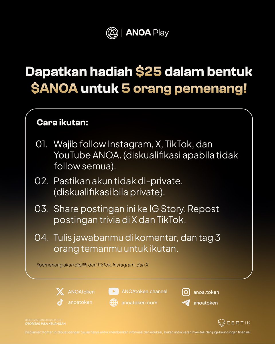 ANOAtoken's tweet photo. Saatnya uji pengetahuan Web3 kamu di Web3 Trivia 6! 🤩

Jawab teka-tekinya, ikuti syarat &amp; ketentuannya, dan menangkan $25 dalam bentuk $ANOA untuk 5 pemenang! 🚀

Siap jadi pemenang? Tulis jawabanmu dan tag 3 teman kamu buat ikutan!👇🏻

#ANOA #ANOAtoken #Web3Trivia #Web3 #Crypto https://t.co/95tqiCb11Z