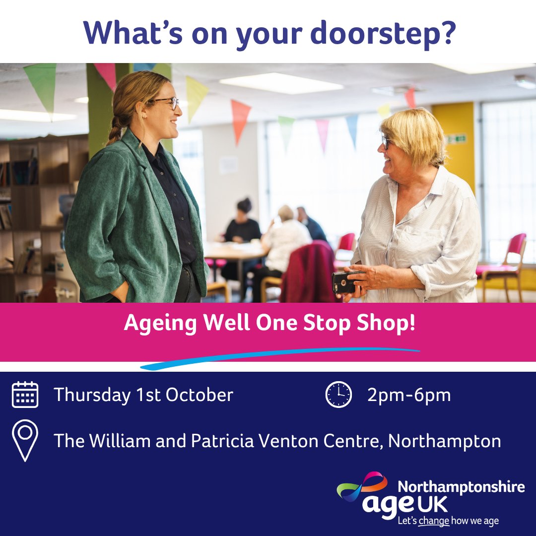 AgeUKNorthants's tweet photo. What's on Your Doorstep?
Join us on 1st October, 2pm-6pm at the William &amp; Patricia Venton Centre, Northampton to discover local support, services and activities. No booking needed. Everyone welcome.
📧 ils@ageuknorthants.org.uk
#Northamptonshire #AgeingWell #CommunityConnections https://t.co/5YMPEFSjFR