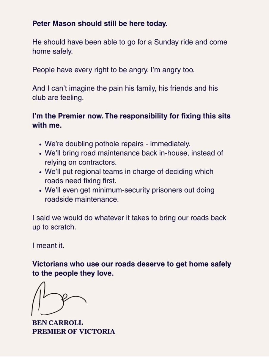 KatyKray73's tweet photo. Premier Ben Carroll’s statement comes too late. An apology after a man is already dead is a disgrace. Peter Mason would still be here today if it wasn’t for this government.

Victorians have been reporting potholes, punctures and near-misses on these roads for years. 

This government only seems interested when the headlines arrive, after the money has already been squandered. 

With an election on 28 November, that should not be forgotten.

Not good enough.