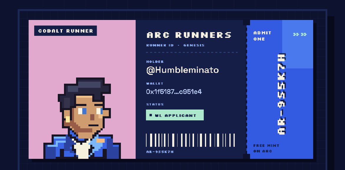 HumbleMinato's tweet photo. Just got my Runner ID for the @Arc_Runners whitelist ⚡

10,000 pixel runners. Free mint on Arc.

Run with me 👇 https://t.co/Og7eaMURvq https://t.co/Vh81nrsI2W