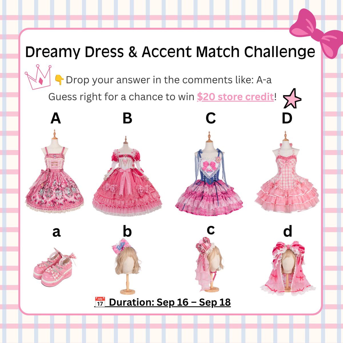 42lolita_'s tweet photo. ๐ฅ Dreamy Princess โข Guess the Match
Leave answer in the comments (format: A-a) for a chance to win
๐ Prize: $20 store credit ร 3
โฐ Sep 16 โ Sep 18 (Winners announced: Sep 19)
Click to shop: https://t.co/LDuKMhxeOW
โณ Pre-order closes Sep 20
#PrincessDress #MatchChallenge https://t.co/UVTjp5O4pM