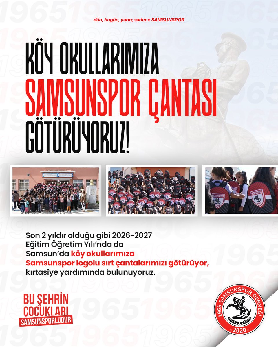 1965SSDER's tweet photo. Son 2 yıldır olduğu gibi 2026-2027 Eğitim Öğretim Yılı’nda da köy okullarımıza Samsunspor logolu sırt çantalarımızı götürüyor, kırtasiye yardımında bulunuyoruz.Sizlerin desteğiyle bu yıl daha fazla köy okuluna ulaşmak, daha fazla eve Samsunspor logomuzu götürmek istiyoruz.

Çanta desteği dışında kırtasiye yardımlarınızı da derneğimize ulaştırabilirsiniz.Gitmediğimiz köy, girmediğimiz sınıf, dokunmadığımız çocuk kalmayana dek!