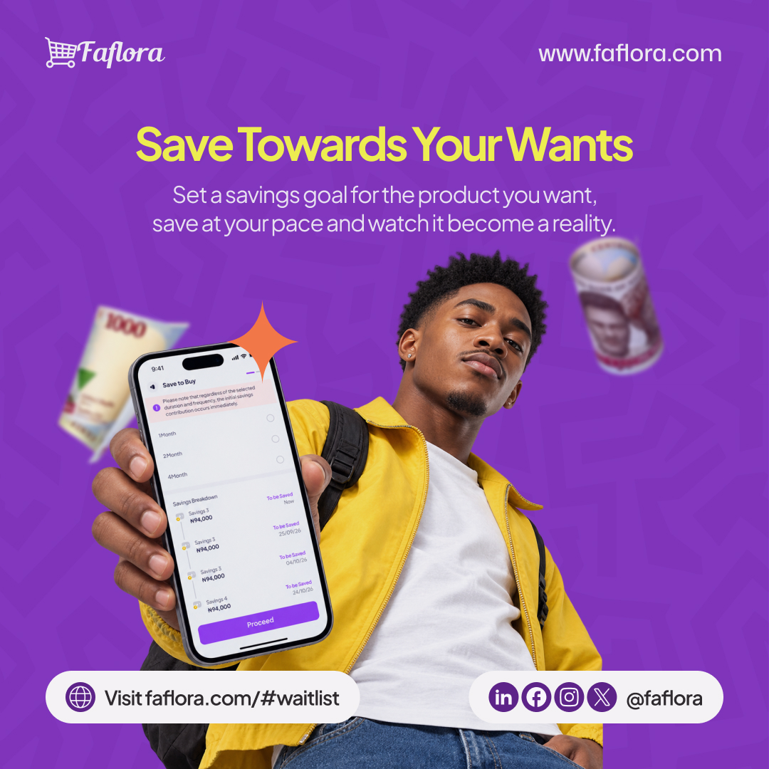 Faflora_NG's tweet photo. 💜 SAVE TOWARDS WHAT YOU WANT! 🛍️

Got your eyes on something you really want? At FAFLORA, you don’t have to wait until you have all the money at once.
Set a savings goal, contribute at your own pace, and take a step closer to making that purchase a reality. https://t.co/IiGbBC4vW1