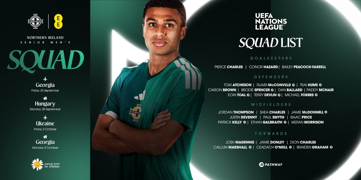 NorthernIreland's tweet photo. League B awaits ⏳🟢⚪️

Michael O’Neill has named his squad for our opening four @UEFAEURO Nations League fixtures ⤵️ #GAWA https://t.co/iQb4kpTW0I