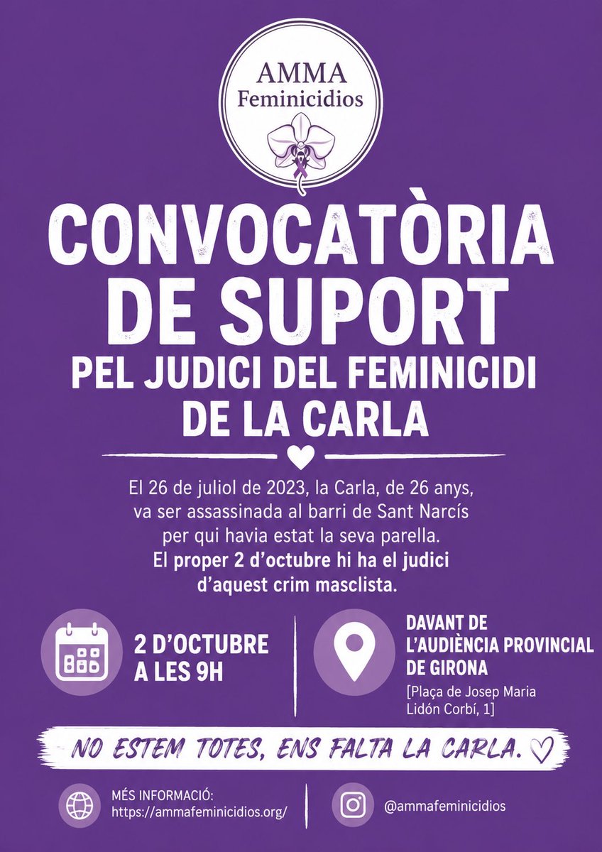 AmySabaly's tweet photo. Judici al presumpte assassí de la Carla.

Acompanyem la Blanca i tota la família.

📅 2 d’octubre
📍 Audiència Provincial de Girona
🕐 9 h

Omplim l’inici del judici de memòria, dignitat i exigència de justícia.

Per la Carla.
Per totes.
Ni una menys. https://t.co/FfvJPIPGZU