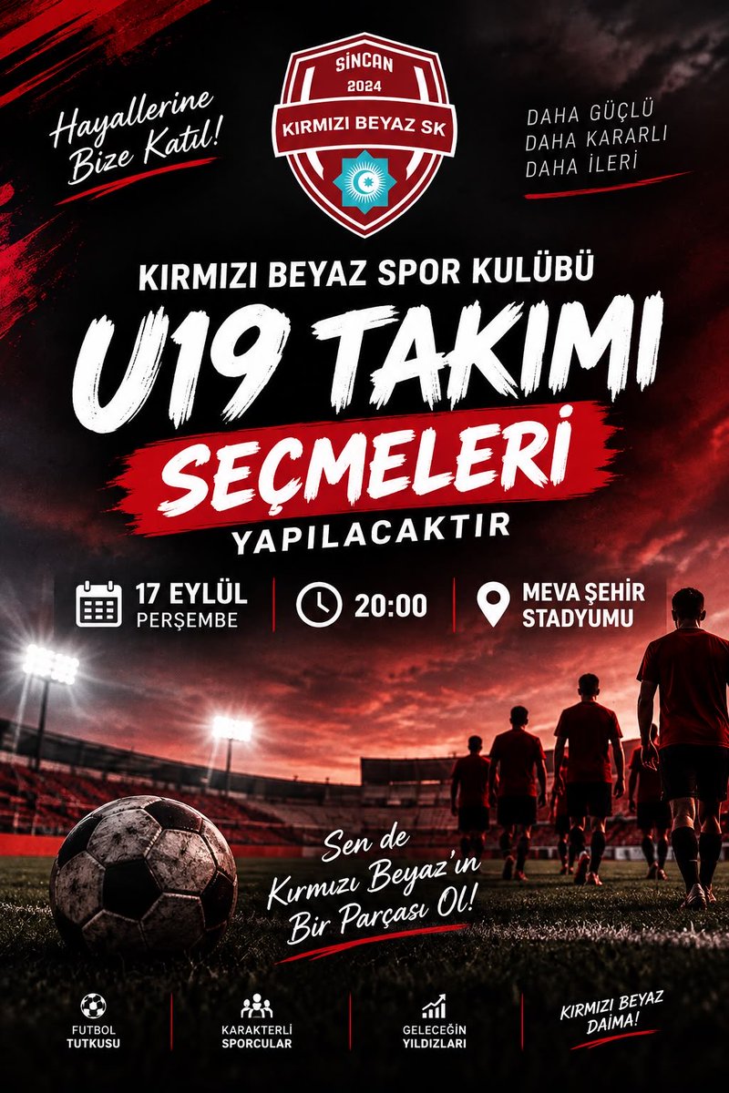 iskender2023soy's tweet photo. Kırmızı Beyaz Spor Kulübü U19 Takımı için yeni yeteneklerimizi arıyoruz.
Kendine güvenen, mücadeleci ve futbolun içinde daha ileriye gitmek isteyen tüm genç sporcuları seçmelerimize bekliyoruz.
📅 17 Eylül Perşembe
⏰ 20.00
📍 Meva Şehir Stadyumu
Sahada kendini göster https://t.co/dfgbVUM6Yw