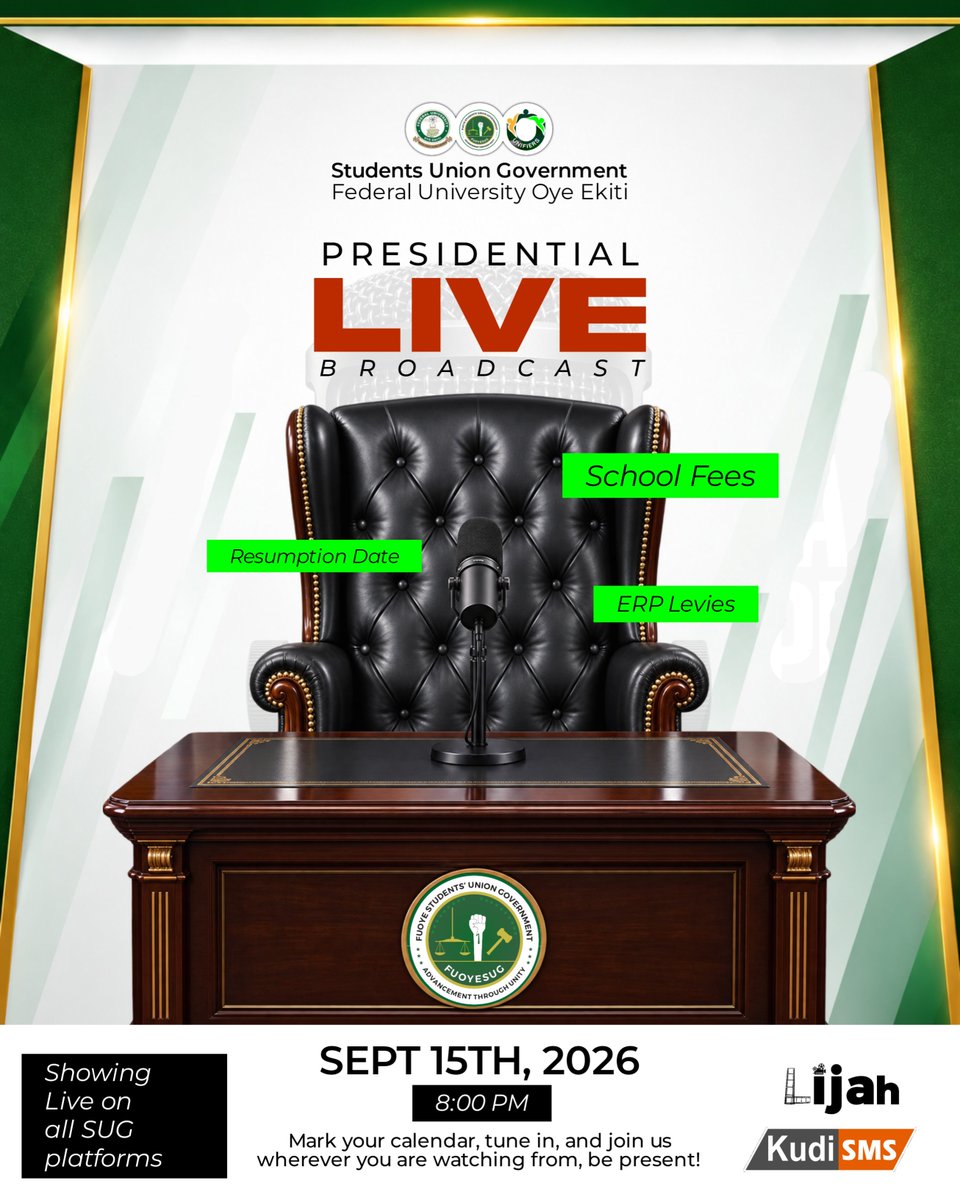 FUOYE_SUG's tweet photo. FUOYEITES, WE’RE GOING LIVE! 🔴

This is to inform all students and members of FUOYE Students’ Union Government that there will be a live presidential campus-wide broadcast by Ààrẹ Olusegun Ajayi Samuel, the 9th FUOYESUG President, to update everyone on the state of the campus, school matters, resumption, school fees, and more.

Please stay tuned.

God bless you all.

📅 September 15th, 2026
⏰ 8:00 PM
📲 Live on all SUG platforms

OLAOLUWA
FUOYESUG P.R.O
07087402775