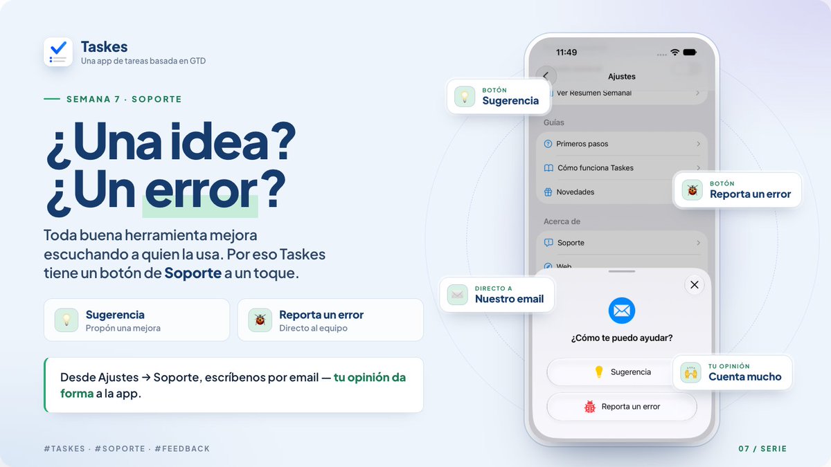 TaskesApp's tweet photo. ¿Tienes una idea o encontraste un error? Toda buena herramienta mejora escuchando a quien la usa.

En @TaskesApp  tienes un botón de Soporte a un toque: sugiere una mejora o reporta un error, directo a nuestro email.

#Taskes #Soporte #Feedback https://t.co/dTywgB0l0C
