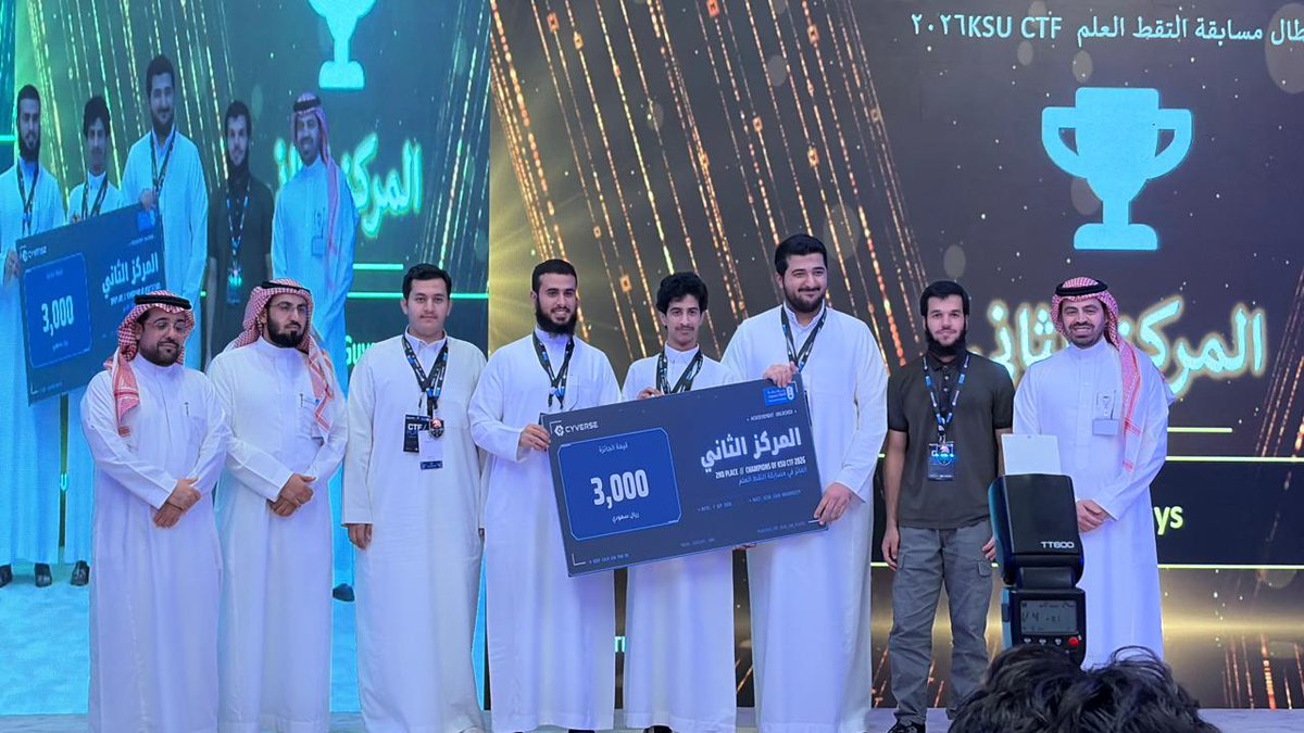 KSU_CyberSec's tweet photo. 🥈 نبارك لفريق SCC_Guys تحقيق المركز الثاني في مسابقة الدفاع السيبراني KSU_CTF 2026، بعد منافسة قوية وأداء تقني مميز.

#KSU_CTF2026 https://t.co/5qKBC28w0f