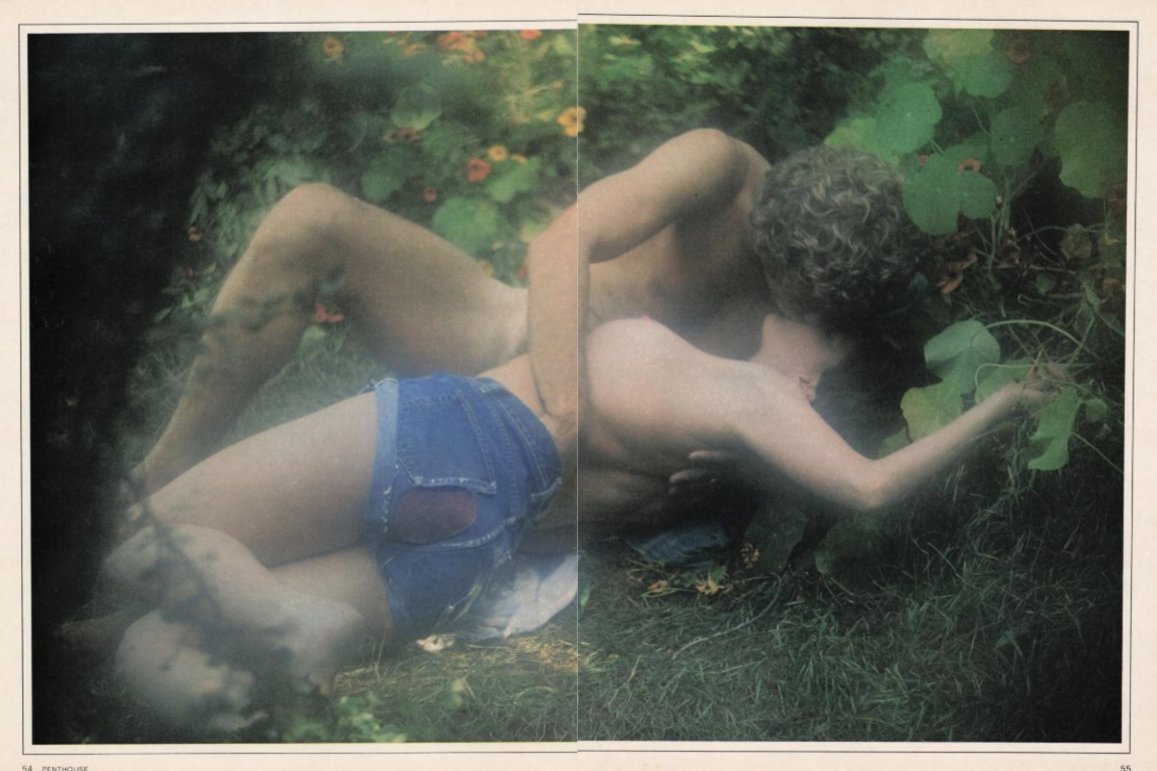 colleen_daves's tweet photo. “There is no real sense of time on the mountain—just dawn and dusk and easy hours inbetween.”

"Mountain Retreat," Earl Miller 
Penthouse, Vol. 7. No. 1. September 1975. https://t.co/GBAm6mwHOi