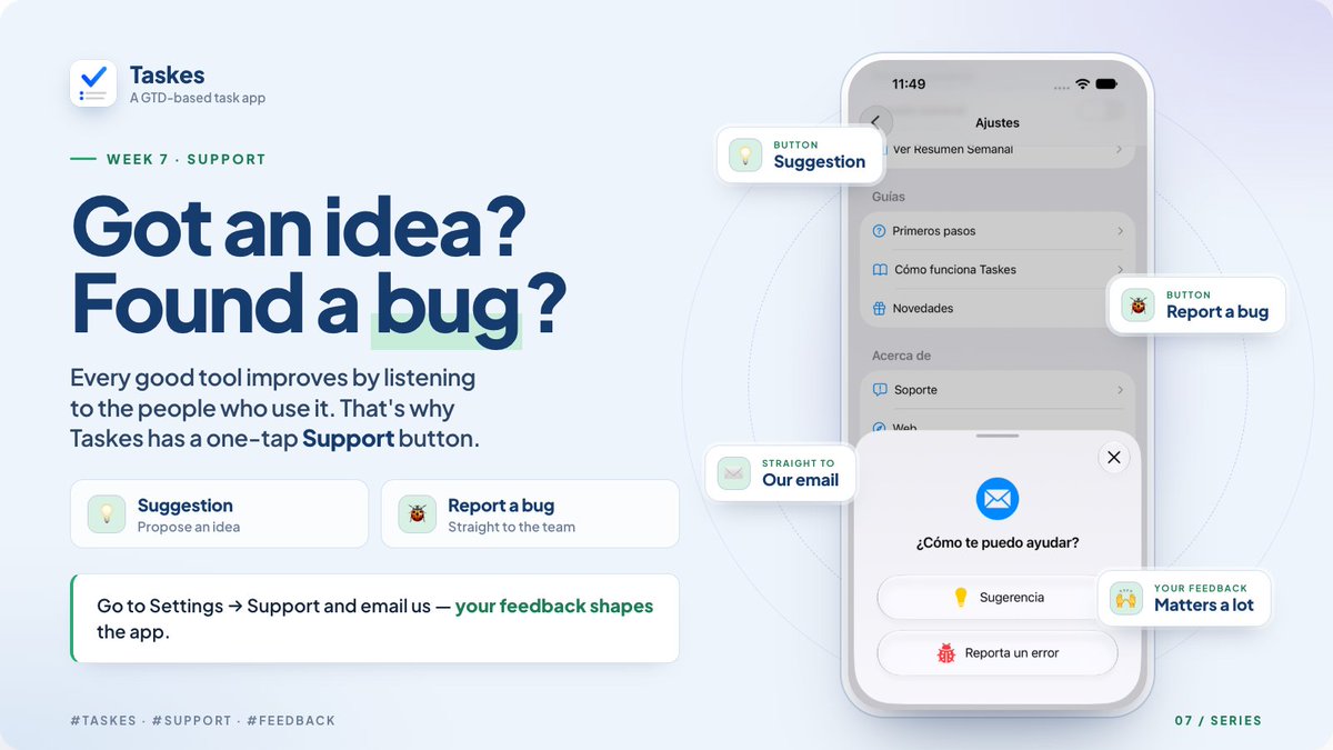 TaskesApp's tweet photo. Got an idea or found a bug? Every good tool improves by listening to the people who use it.

@TaskesApp  has a one-tap Support button: suggest an improvement or report a bug, straight to our email.

#Taskes #Support #Feedback https://t.co/YCKaRZz1aG