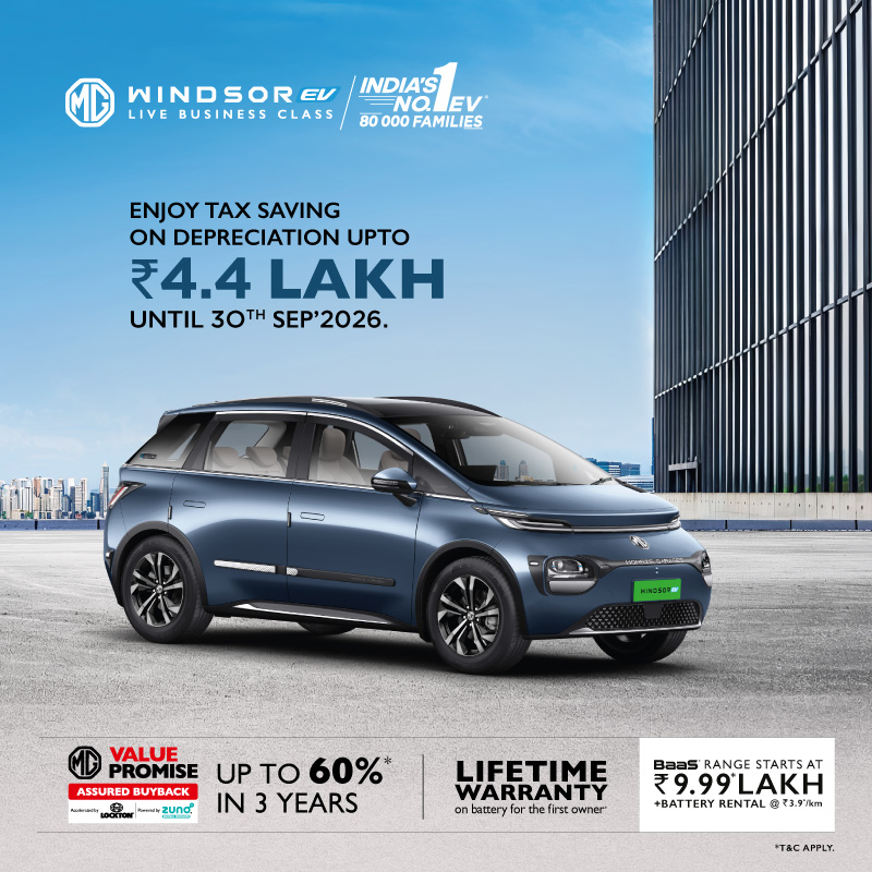 MGMotorIn's tweet photo. Drive business class with the MG Windsor EV. 

Avail depreciation tax savings upto ₹4.4 Lakh before September 30. 

Enjoy 60 percent assured buyback in 3 years and lifetime battery warranty. 

BaaS starting at ₹9.99 Lakh.