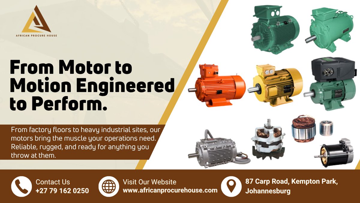 Africanprocure's tweet photo. Need motors that can handle the pressure? 

Ours are built for heavy-duty applications: reliable, rugged, and engineered to perform in the toughest conditions.

Call us: +27 79 162 0250

#IndustrialEquipment #MotorPower #AfricanProcureHouse #BuiltToLast https://t.co/1y9Q5SVEgo