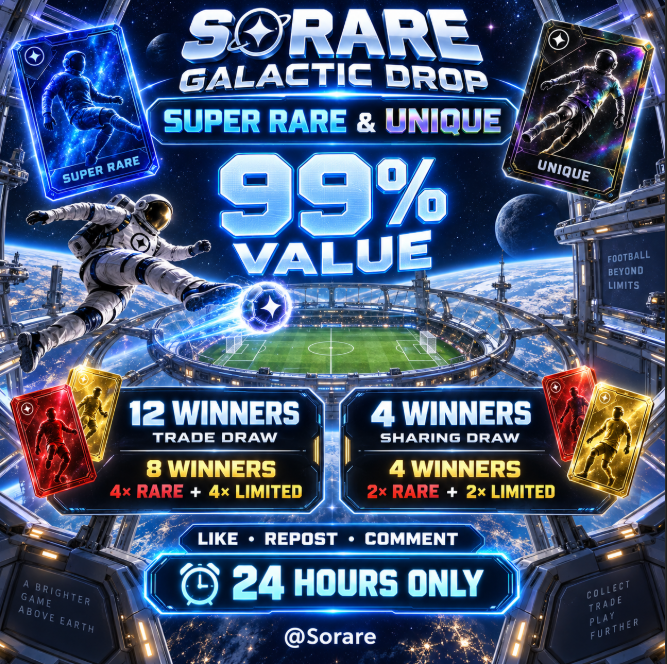 PawelTrader_'s tweet photo. 🚀 SORARE GALACTIC DROP 🚀

My Super Rare & Unique cards are available at 99% value — every accepted trade = 1 entry!

🏆 12 winners
🔵 Trade Draw: 4× Rare + 4× Limited
🟣 Sharing Draw: 2× Rare + 2× Limited

To enter the Sharing Draw:
❤️ Like • 🔁 Repost • 💬 Comment your @Sorare  name

⏳ 24 hours only — good luck!