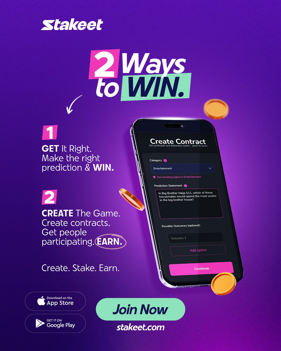 stakeetofficial's tweet photo. 🎯 2 WAYS TO WIN ON Stakeet.

1️⃣ Get it right. Make the right prediction. WIN. 🏆
2️⃣ Create the game. Create contracts, get people to participate &amp; EARN. 💰

Don’t just predict. Create your way to a win.
👉🏽 https://t.co/qFUSKHTEwI

#Stakeet #PredictCompeteWin #WinBig https://t.co/9zvx03KL5Q