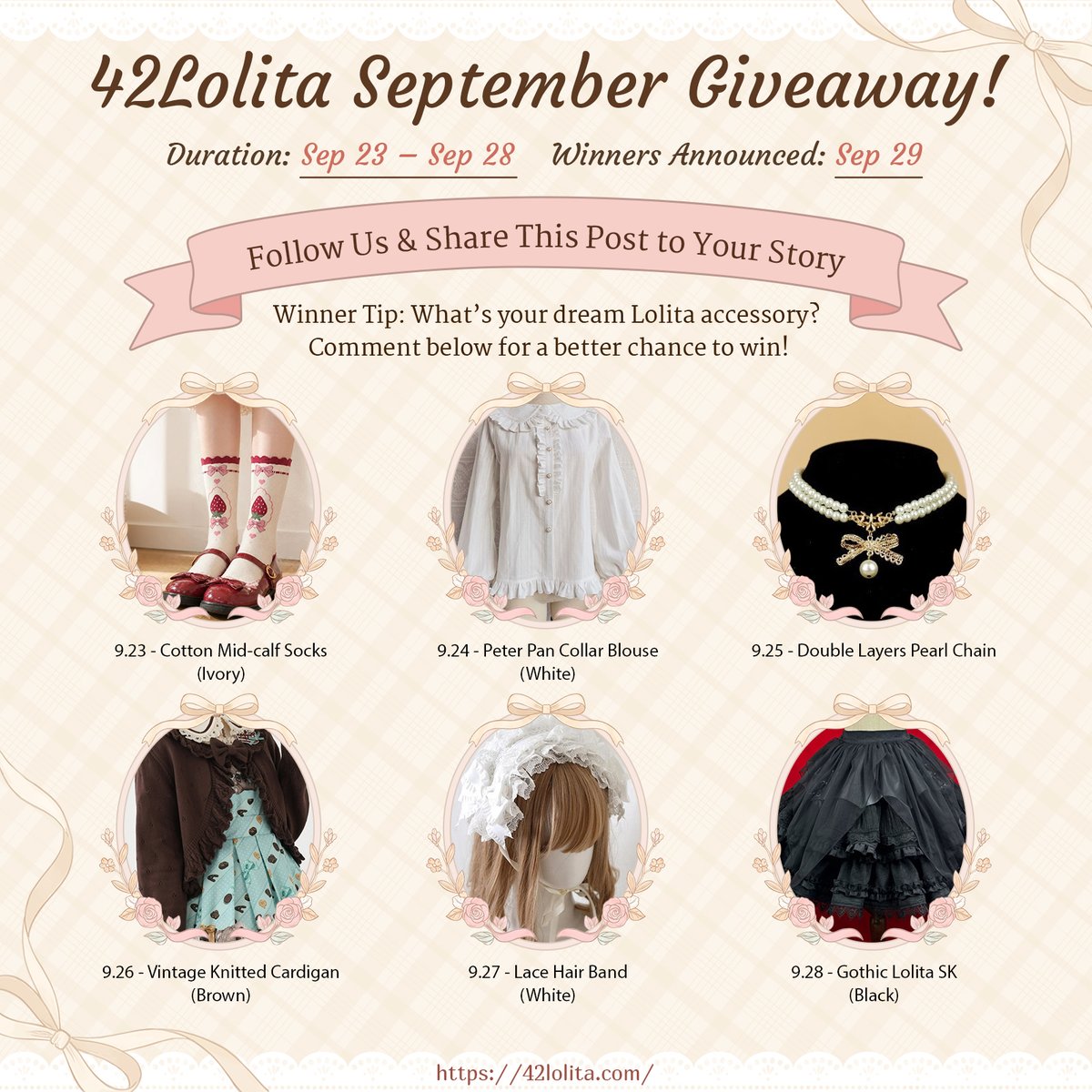 42lolita_'s tweet photo. ✨ Win Dreamy Pieces | September Giveaway

🗓️ Sep 23 – Sep 28 | Winners announced Sep 29

How to join:
✅ Follow us
✅ Share this post
💬 Bonus entry: Tell us your dream Lolita accessory in the comments to boost your chance of winning!

#lolitafashion #lolitagiveaway #giveaway https://t.co/CopOy86WUi