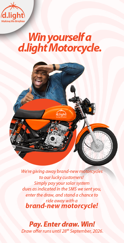 dlight_ug's tweet photo. Pay your solar dues, enter the draw, WIN a brand-new d.light motorcycle!

One payment could be your ticket to a ride!    

Draw runs until 28th Sept 2026.  

#dlightUg #WANGULA #solaruganda https://t.co/byhw8OVcKS