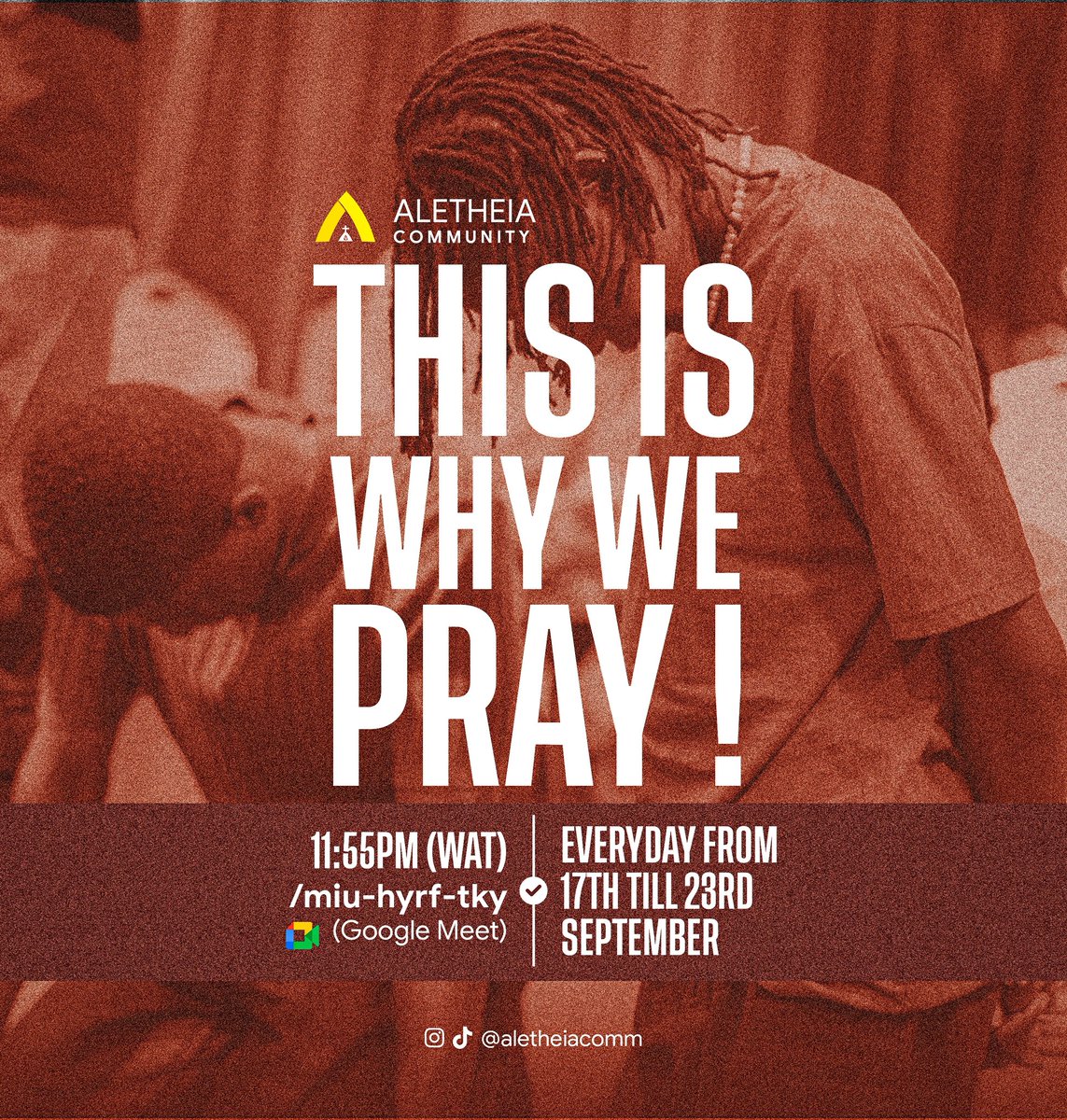 GroveRKifasi's tweet photo. On Thursday we are starting 7 nights of prayers on THIS IS WHY WE PRAY! 

If you want Christian friends to pray with, join our group chat below! 👇🏾 

https://t.co/qaEnlxR6FW https://t.co/hrc1KZ9hFu