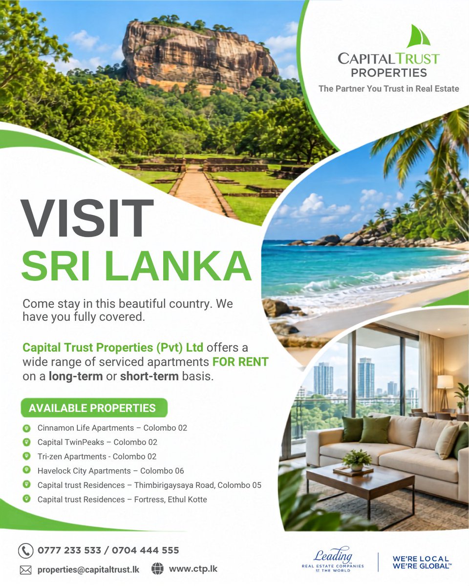 CTP_SriLanka's tweet photo. Experience the beauty of Sri Lanka with all the comforts of home. 

Whether you’re visiting for a short stay or planning to stay longer, Capital Trust Properties offers a selection of beautifully furnished apartments in prime Colombo locations.
📞 0777 233 533 / 0704 444 555 https://t.co/TyLHGUwSRg