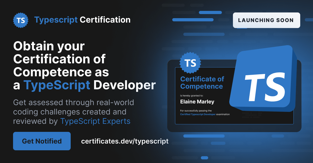 LaravelCert's tweet photo. TypeScript Certification is coming. 🔥

Junior. Mid-Level. Senior. Training. Prep guides.

All of it, at the lowest price it'll ever be, lands on October 27th.

Be the first certified TypeScript developer 👇
https://t.co/ThtbIM8sQ9 https://t.co/kYWBIYATNM