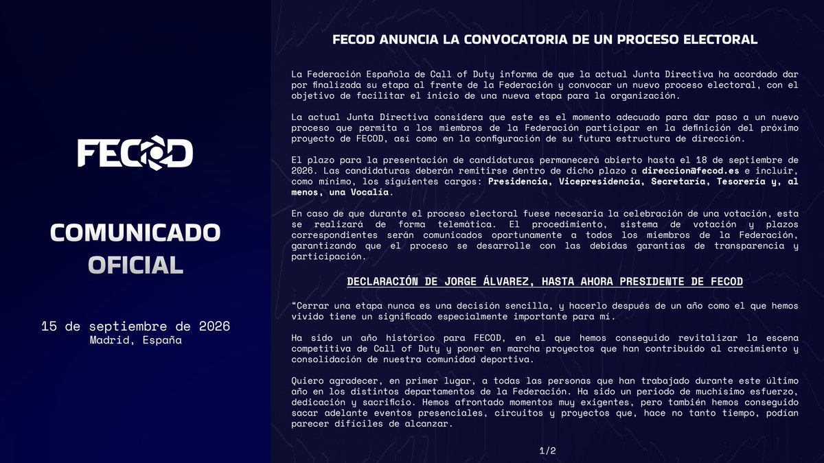 FECOD_es's tweet photo. 𝐂𝐎𝐌𝐔𝐍𝐈𝐂𝐀𝐃𝐎 𝐎𝐅𝐈𝐂𝐈𝐀𝐋

FECOD anuncia la convocatoria de un nuevo proceso electoral.

La actual Junta Directiva da por finalizada su etapa al frente de la Federación y abre el proceso para definir el próximo proyecto y estructura de dirección de FECOD.

📅 Presentación de candidaturas hasta el 18 de septiembre de 2026.

Toda la información. 👇