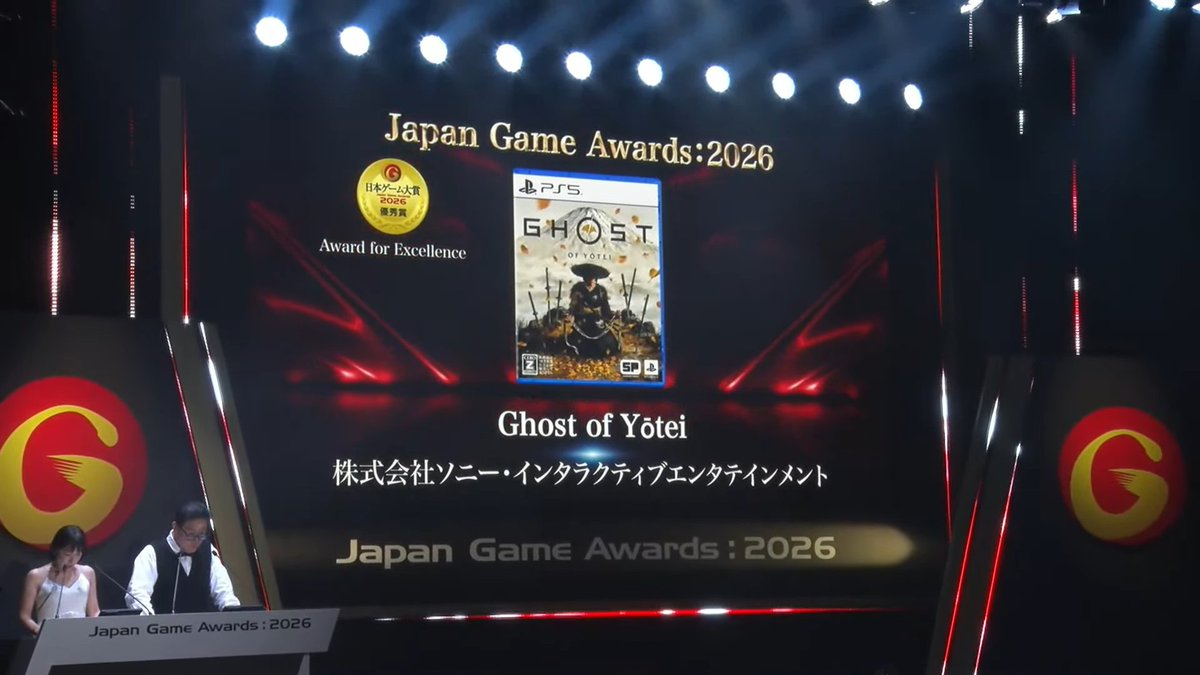 PlayStation_jp's tweet photo. 「日本ゲーム大賞2026 年間作品部門」にて、『Ghost of Yōtei』と『DEATH STRANDING 2: ON THE BEACH』が受賞し、本日、発表授賞式が行なわれました。

このたびは選出いただき、ありがとうございました！ https://t.co/OiKv1lKCWn