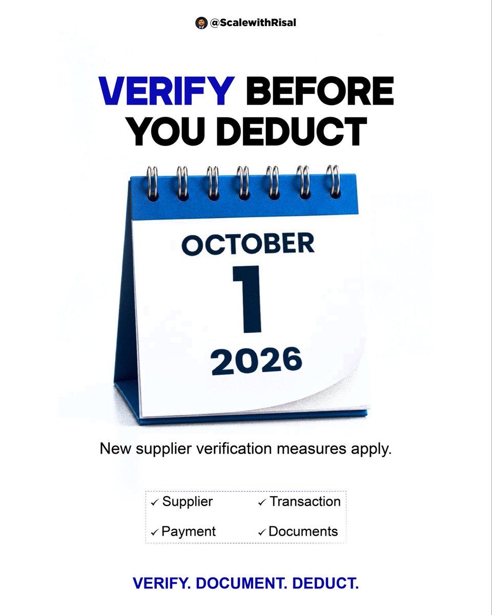 muhdrisal_'s tweet photo. Verify before you deduct.

From October 1, 2026, new supplier verification measures apply. Check your supplier, transaction, payment &amp; documents before making deductions.

Verify. Document. Deduct.

#UAEVAT #TaxCompliance #SupplierVerification #UAEBusiness #VAT https://t.co/aSyQE42aro