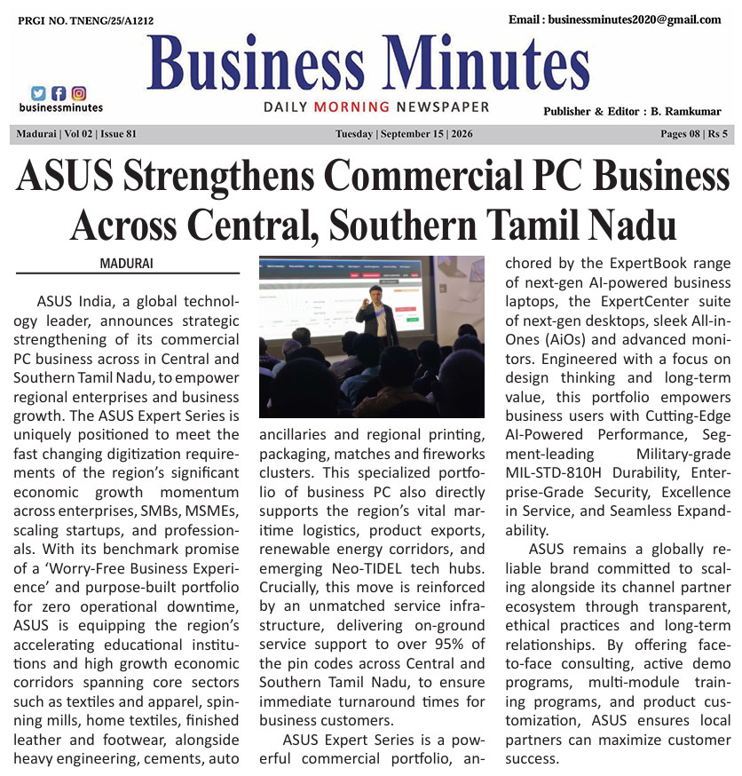 Businesminutes's tweet photo. ASUS Strengthens Commercial PC Business Across Central, Southern Tamil Nadu
https://t.co/etMz8XBPBK
@ASUS
#ASUSIndia #PC #BusinessMinutesNewspaper #BusinessMinutes https://t.co/I7mzqOgVOC