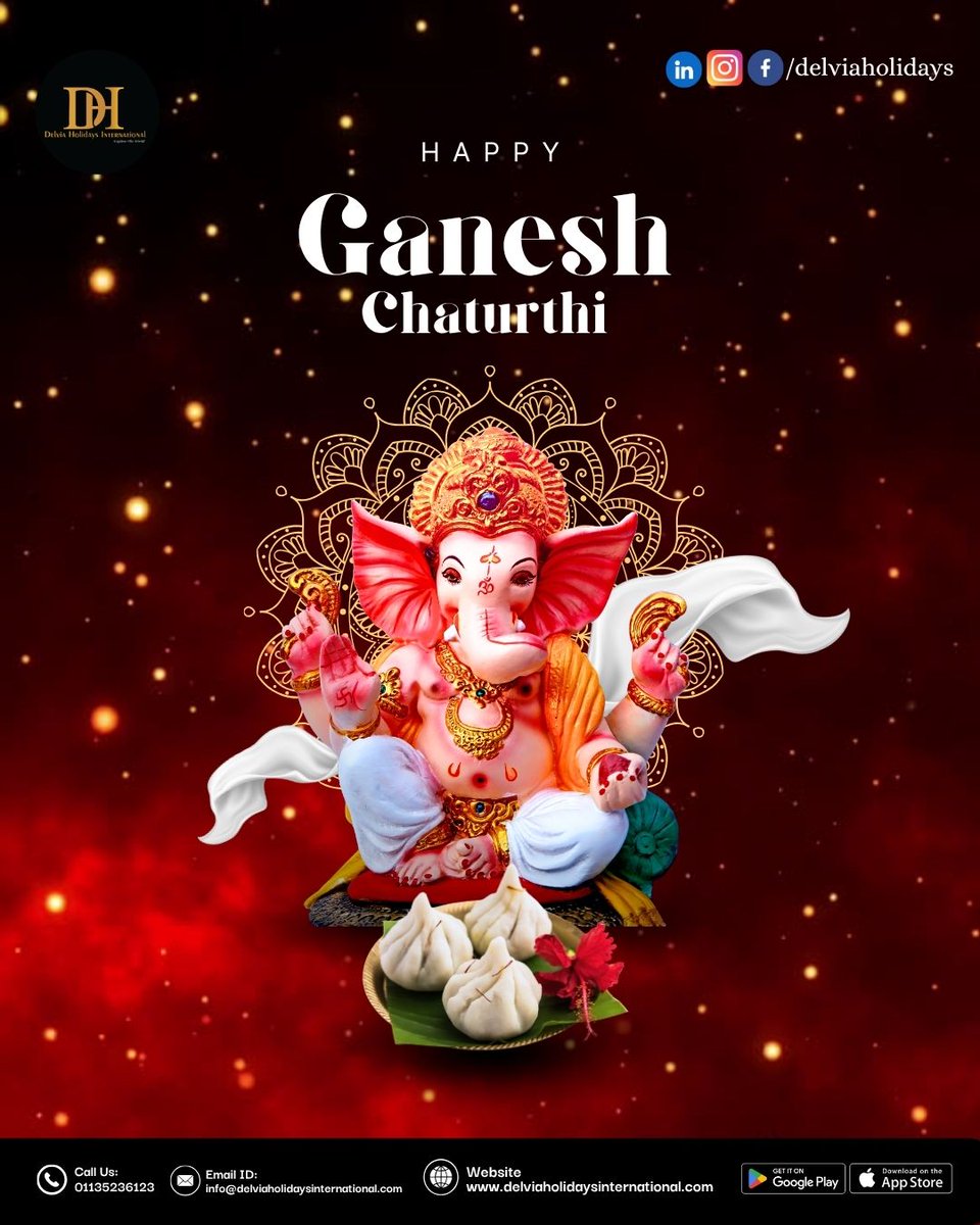 delviaholidays's tweet photo. Happy Ganesh Chaturthi!

May Lord Ganesha bless you and your loved ones with wisdom, happiness, prosperity, good health, and success. May every obstacle be removed and every new beginning be filled with positivity and divine blessings. 

Ganpati Bappa Morya!
#HappyGaneshChaturthi https://t.co/fMJtpXxDsY